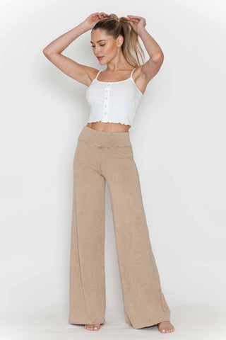 Chatoyant Mineral Washed Wide Leg Stretch Pants Biege