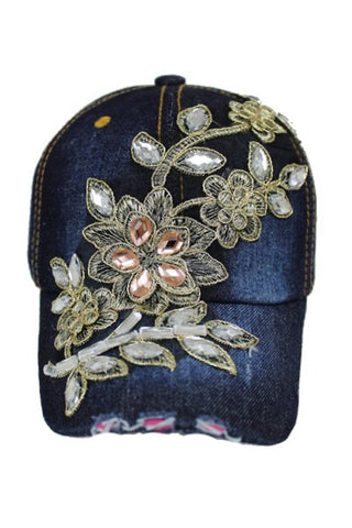 Beautiful Floral and Gold  and Clear Crystal Accent Baseball Cap