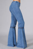 Chatoyant Mineral Wash Crochet Lace Bell Bottoms Lt. Denim