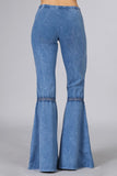Chatoyant Mineral Wash Crochet Lace Bell Bottoms Lt. Denim
