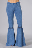 Chatoyant Mineral Wash Crochet Lace Bell Bottoms Lt. Denim