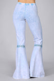 Chatoyant Mineral Wash Crochet Lace Bell Bottoms Powder Blue