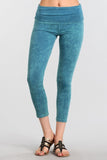 Chatoyant Mineral Wash Fold Over Waist Capris Teal Blue