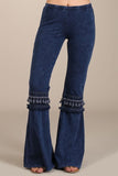 Chatoyant Mineral Washed Bell Bottoms with Fringed Crochet Lace Electric Blue