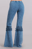 Chatoyant Mineral Washed Bell Bottoms with Fringed Crochet Lace Lt. Denim