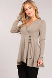 Chatoyant Fabulous Faux Wrap V-neck Tunic Top Taupe Brown