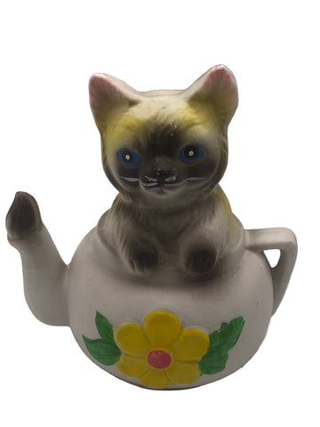 Vintage MCM Cat in Teapot with Flower Design Figurine JB Taiwan