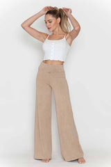 Chatoyant Plus Size Mineral Washed Wide Leg Stretch Pants Beige