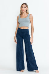 Chatoyant Plus Size Mineral Washed Wide Leg Stretch Pants Electric Blue