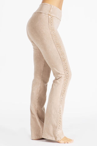 Chatoyant Mineral Washed Bootcut Pants With Side Crochet Lace Beige