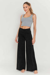 Chatoyant Plus Size Mineral Washed Wide Leg Stretch Pants Black