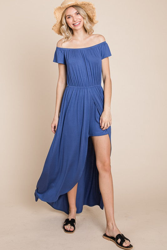 Plus Size Off Shoulder Solid Jersey Romper Maxi 3XL / Denim