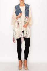 Origami Plus Size Blue Denim and Floral Lace Vest 1XL