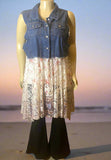 Origami Plus Size Blue Denim and Floral Lace Vest 2XL