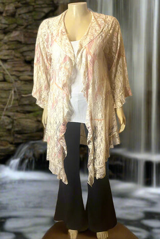 Origami Plus Size Ivory Multicolor Lace Bell Sleeve Cardigan