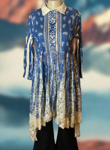 Origami Plus Size Blue Paisley Sweater Lace Hi -Lo Cardigan