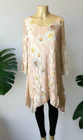 Origami Beige Sunflower Long Sleeve All Lace Hi-Lo Dress