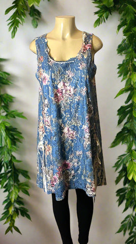 Origami Blue Floral Lined All Lace Tunic Dress with Pockets