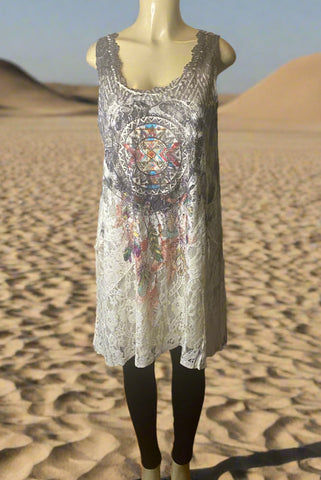 Origami Black and White Aztec Lined All Lace Tunic Dress with Pockets