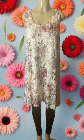 Origami Ivory Floral Lined All Lace Tunic Dress with Pockets