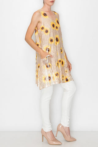 Origami Beige Sunflower Lined All Lace Tunic Dress with Pockets
