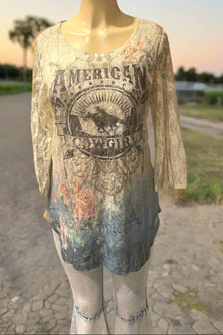 Origami Ivory Multicolor "American Cowgirl" Lace Top