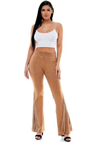 T-Party Mineral Wash Fringe Yoga Pants Camel