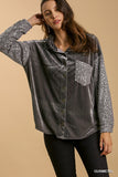 Umgee Velvet Collar Button Down Jacket with Sequin Sleeves