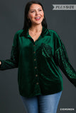 Umgee Plus Size Velvet Collar Button Down Jacket with Sequin Sleeves