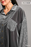 Umgee Plus Size Velvet Collar Button Down Jacket with Sequin Sleeves