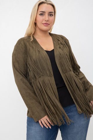 Vocal Plus Size Faux Long Sleeve Jacket with Fringe