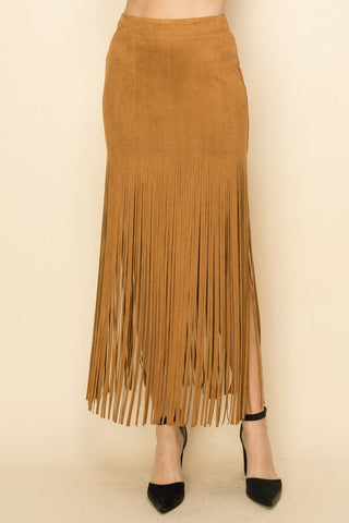 Vocal Faux Suede Long Fringe Maxi Skirt