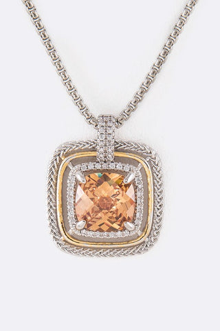 Designer Inspired CZ Square Pendant Necklace Amber