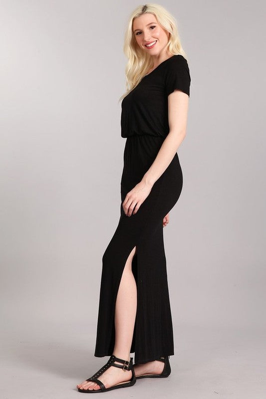 casual black maxi dress with slit Chatoyant Casual Maxi Dress Heather Black Small / Heather Black