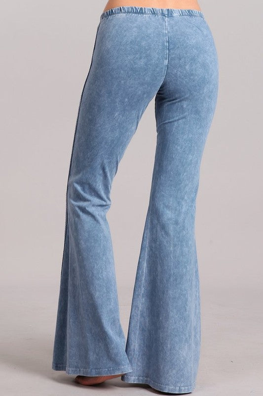 Chatoyant Diagonal Crochet Lace Mineral Wash Bell Bottoms Light Denim