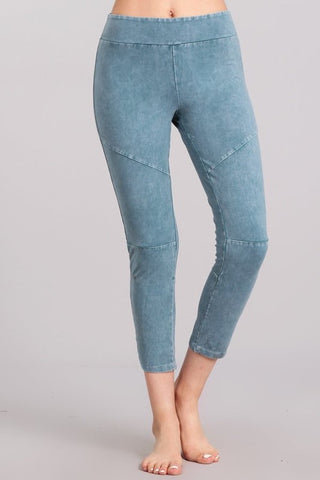 Chatoyant Mineral Wash Banded Waist Front Seam Leggings Teal Blue