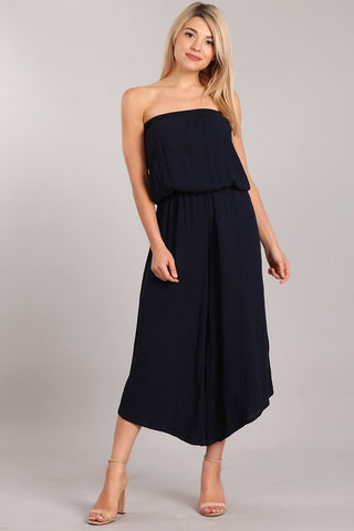 Chatoyant Strapless Cropped Wide Leg Jumpsuit Navy