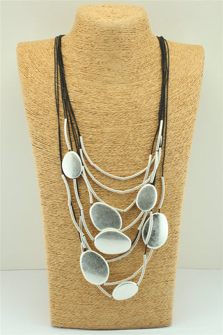 Brushed Rhodium Multi String Leather Necklace