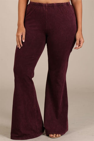Chatoyant Plus Size Mineral Wash Bell Bottoms Burgundy