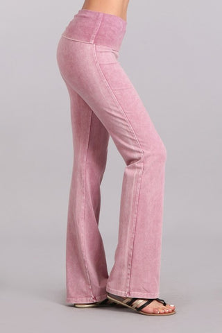 Chatoyant Bootcut Mineral Wash Fold Over Waist Pants Rose Pink