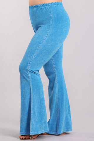 Chatoyant Plus Size Mineral Wash Bell Bottoms Deep Azure