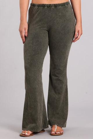 Chatoyant Plus Size Mineral Wash Bell Bottoms Dark Moss