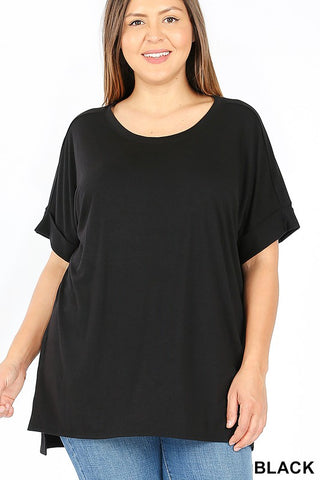 🌹 Plus Size Rolled Short Sleeve Hi-Lo Tunic Top Black🌹