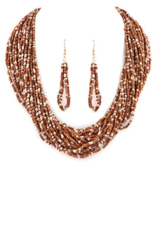 Layered Sea Beads Necklace and Earrings Set Brown