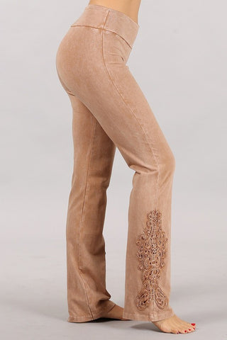 Chatoyant Mineral Wash Bootcut Crochet Lace Camel