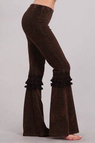 Chatoyant Mineral Washed Bell Bottoms with Fringed Crochet Lace Brown