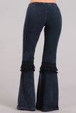 Chatoyant Mineral Washed Bell Bottoms with Fringed Crochet Lace Charcoal Navy