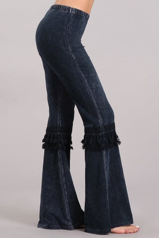 Chatoyant Plus Size Mineral Washed Bell Bottoms with Fringed Crochet Lace Charcoal Navy