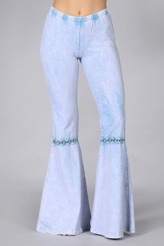 Chatoyant Mineral Wash Crochet Lace Bell Bottoms Powder Blue