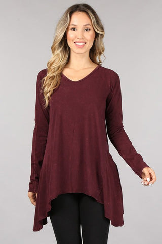🍁 Chatoyant Soft and Stretchy Mineral Wash Long Sleeve Tunic Burgundy🍂
